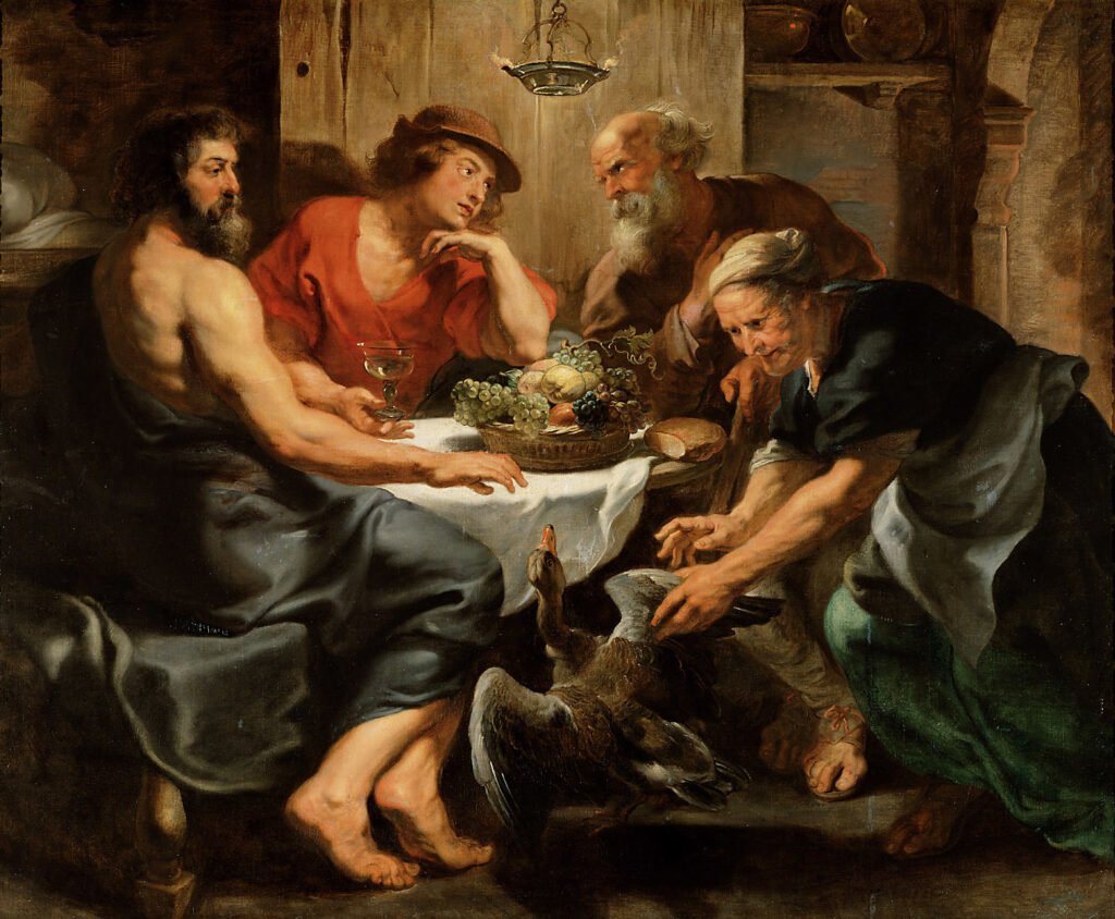 Júpiter e Mercúrio na Casa de Filémon e Baucis (1630–33) pela oficina de Rubens: Zeus e Hermes, testando a prática de hospitalidade de uma aldeia, foram recebidos apenas por Filémon e Baucis, que foram recompensados enquanto seus vizinhos foram punidos.